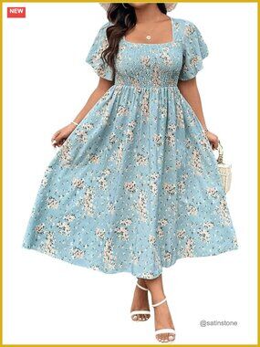 Plus Size Floral Square Neck Flounce Short Sleeve A Line Maxi Dress